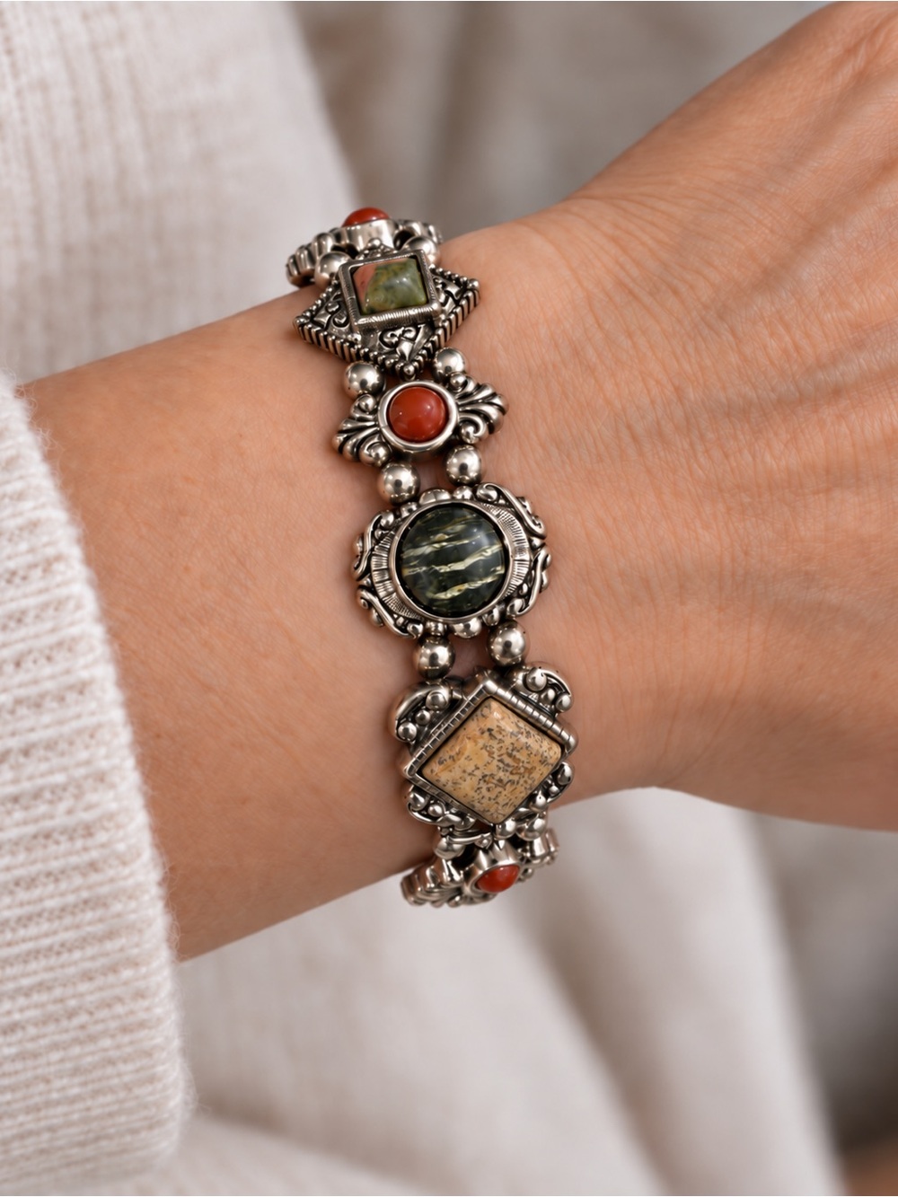 Premier Designs Pico Jasper Cabochon Bracelet Silver Plated 7.25” Magnetic New